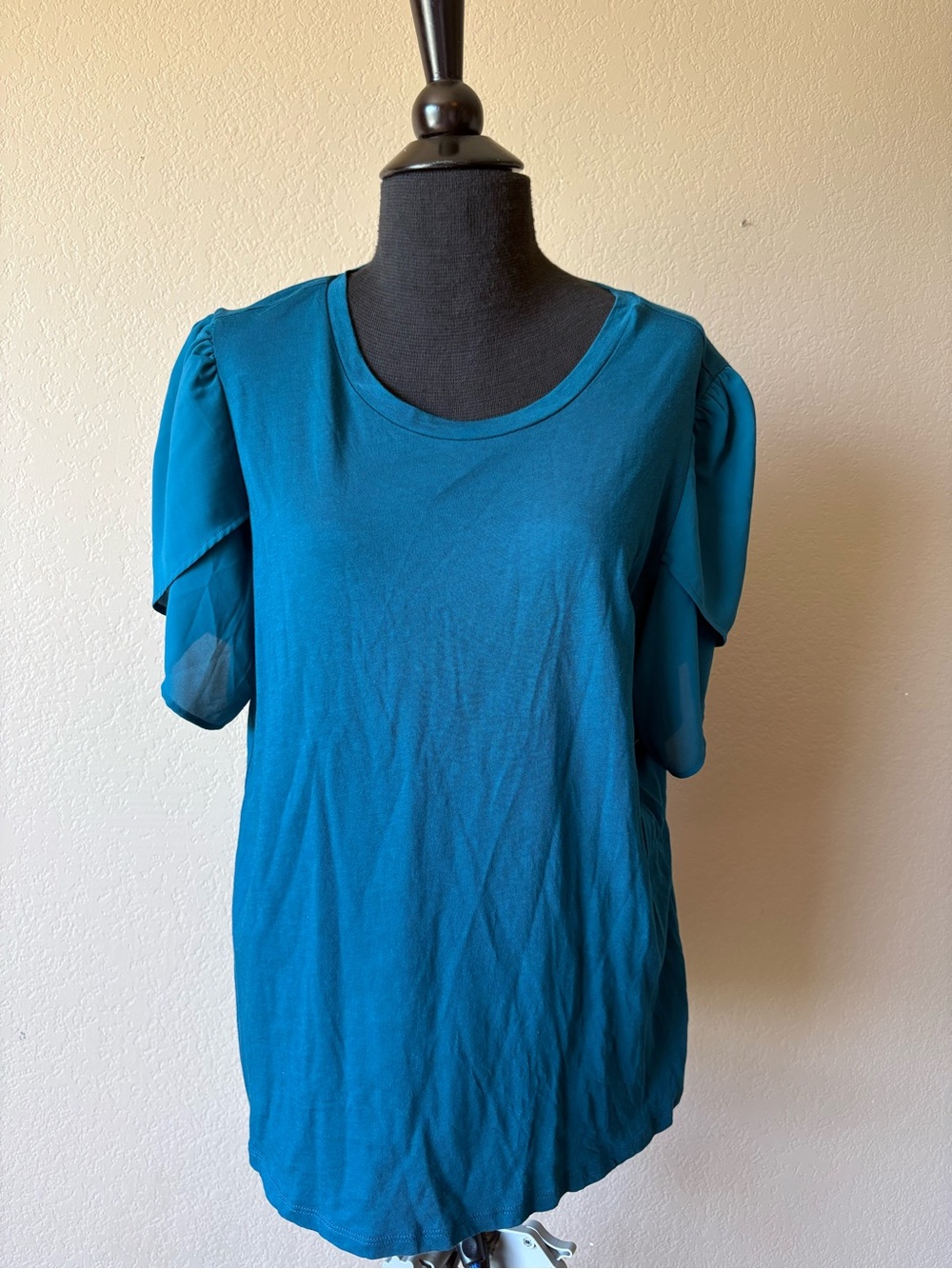 Michael Kors XL Teal Shirt Short Petal Sheer Sleeves Office